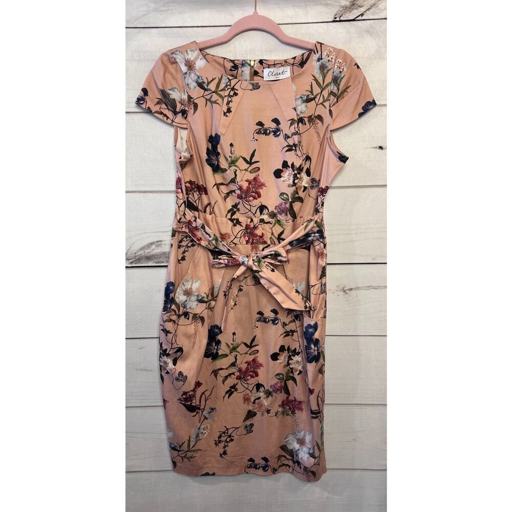 Closet London Floral Print Pink Cap Sleeve‎ Tie Waist Midi Dress UK 12 US 8
